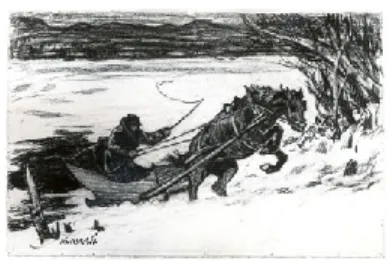 Fig. 3 — Marc-Aurèle de Foy Suzor-Coté, « En traîneau, sautant vers la rive » […], Musée national des beaux-arts  du Québec [En ligne], fusain sur papier, 31.4 x 48.5 cm, 1916, 