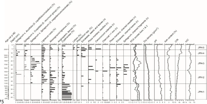 Figure 3. Plant macrofossil diagram and physical and chemical proxies for JPH4. For Sphagna, the bars indicate the total for each section (black) and the main species identified (grey)