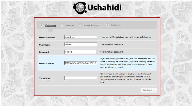 Figure 8 — Étape 1 : configuration de la connexion entre la plateforme Ushahidi et la  BD MySQL 