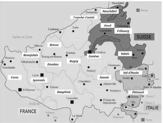 Illustration 1.  Les principales villes et régions du domaine francoprovençal  (d’après une carte du Centre d’études francoprovençales, Saint-Nicolas, Val d’Aoste)