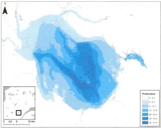 Fig. 4.  Carte bathymétrique du lac Saint-Jean (Plourde-Lavoie et Sirois, 2017). 