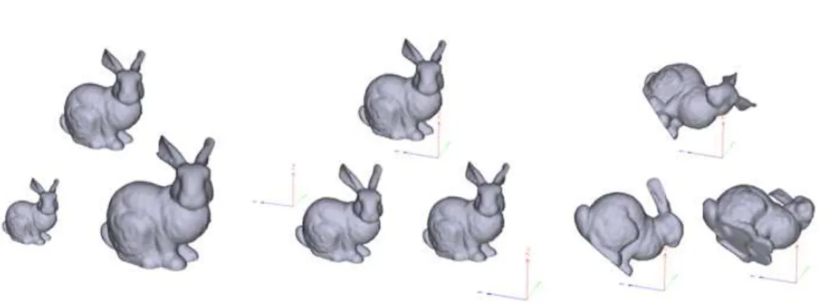 Fig. 2.1  Un modèle 3D représenté dans l'espae 3D, sous trois positions (au