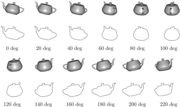 Figure 1.17: Example of a sequence of the Teapot with 12 views, their corresponding exact silhouettes and their absolute camera angles.