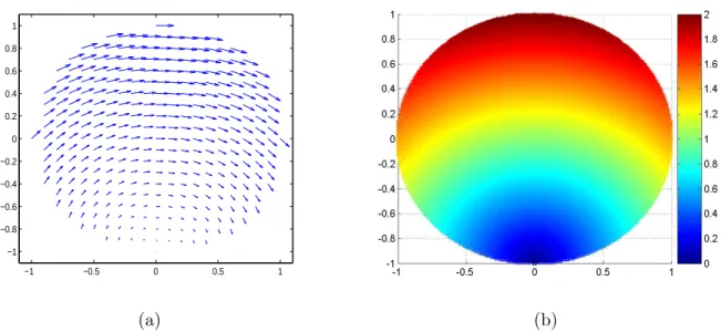 Figure 3.6 – Rotation + translation : vecteur (a) et norme (b) des points de la roue (V 0 = 1 et