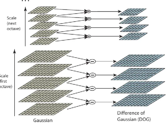 Figure 2.6 :  approche multi­échelle de l’algorithme SIFT. La partie à gauche repré­ sente l’image étudiée, celle de droite représente l’image ﬁltrée à différentes échelles (D)  (Lowe, 2004)