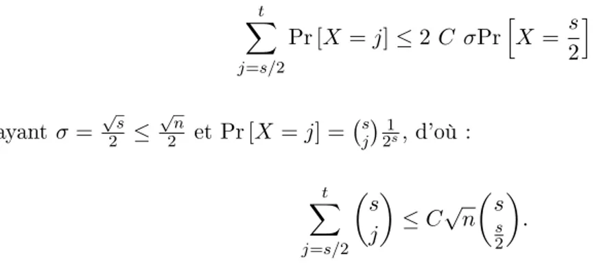 Fig. 3.2  Condition sur le vecteur trompeur ( e ) de poids t , pour un mot de code c de poids s , ( s est pair voir la propriété 2.3.1 )