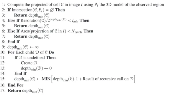 Figure 4.7 shows the exemple of a Quad-Tree subdivision obtained using this algorithm, using a minimal cell resolution of 25cm and an area of the projected cell matching the size of a group of 3 ✂ 3 pixels