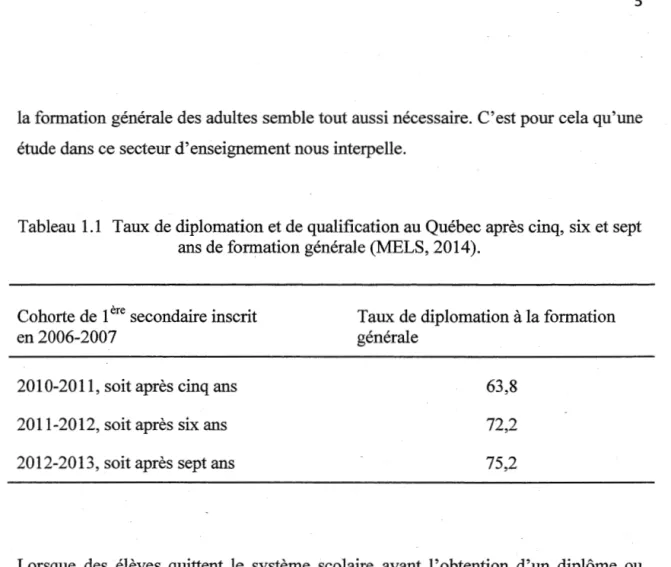 Tableau 1.1  Taux de diplomation et de qualification au Québec après cinq, six et sept  ans de formation générale (MELS, 2014)