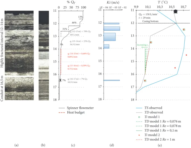 Figure 11: Borehole F3 logging results: (a) televiewing close-up of productive intervals, (b) televiewing log, (c) flow distribution obtained by flowmeter and flow calculated with the heat budget between 14 and 16 m depth, (d) vertical distribution of hydr