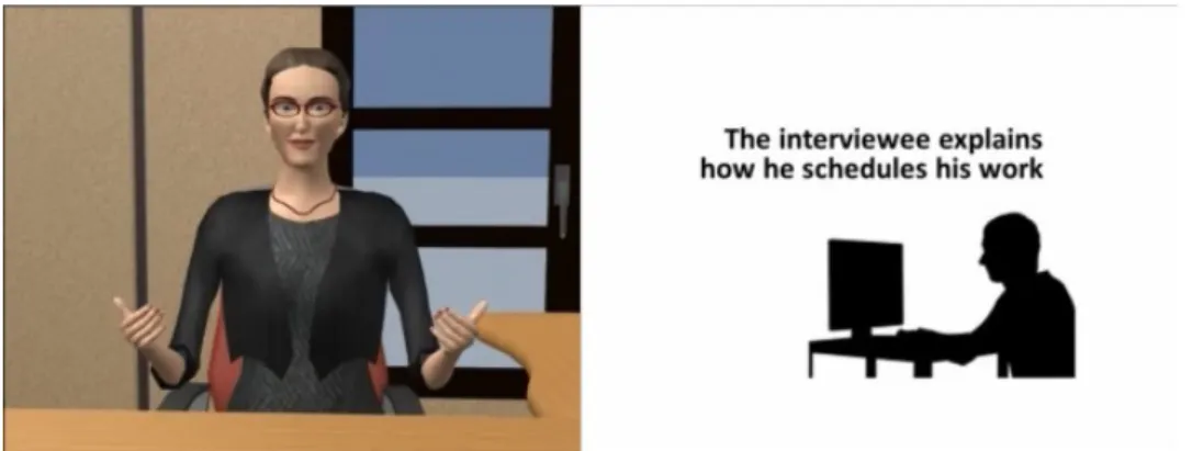 Figure 1.2: Screenshots of the simulated job interview [ 20 ]. The left is the virtual recruiter; the right is the response of the interviewee.