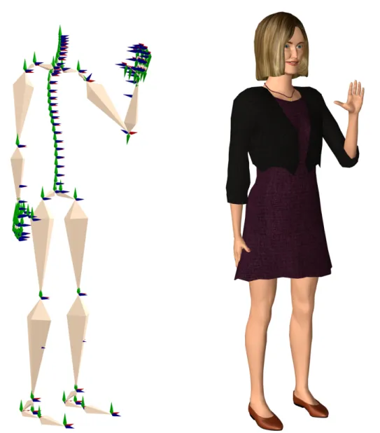 Figure 1.5: Full Body Model: (a)Skeleton Model; (b)Fully Body Model with texture. The right image is configured by the values of joint angles in the left skeleton model.