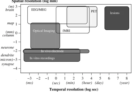 Figure 1.1: Temporal and spatial resolution of the most usual brain investigation techniques
