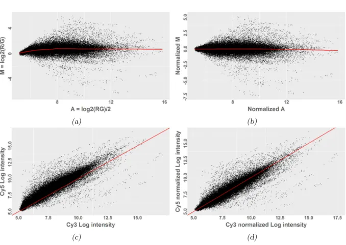 Figure 2.7 ∼ Lowess normalization effects on MA-plot and RG-plot ∼