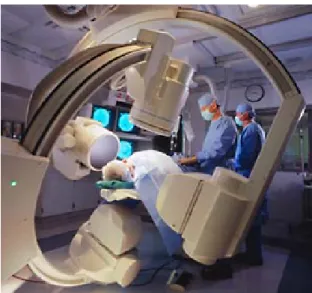 Figure 3: A fluoroscopic C-arm machine that generates x-rays from one side and photographs them on the other side.