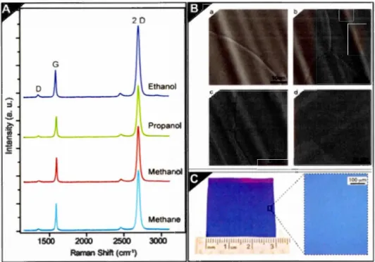Figure  1.17  (A)  S p ec tr es  R a m a n  o bt e nu s  d es  film s  d e  g r a ph è n e  pr é par és  p a r 