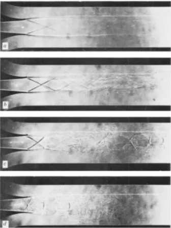 Figure 2.9 Schlieren images of the flow structure leaving the primary nozzle at different regimes: (a) On-design, (b) Critical operation, (c,d) Off-design