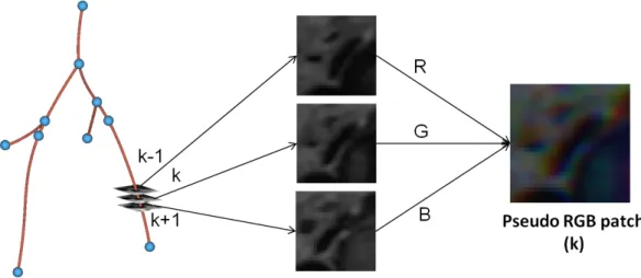 Figure 6.3: Pseudo RGB patches extraction for a given slice k. 6.2.2 Deep CNN for patches segmentation