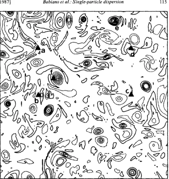 Figure 1. Initial vorticity field and localization of the six sets of tracers (a to f )