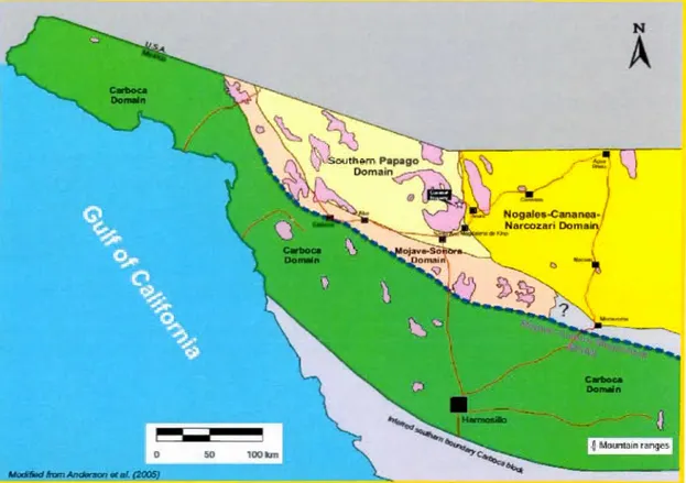 Figure 9: Subdivision de l ' assemblage  géologique  du nord de Sonora ,  en quatre 