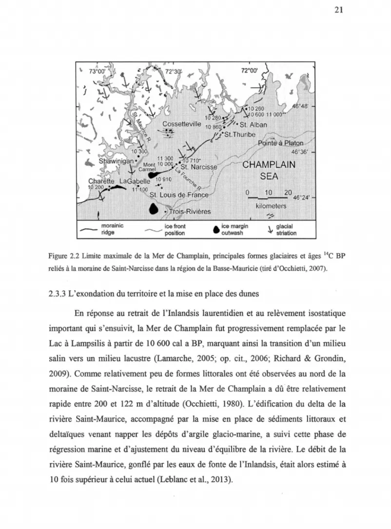 Figure  2.2  Limite  maximale  de  la Mer de  Champlain, principales  formes  glaciaires  et âges  14 C BP 
