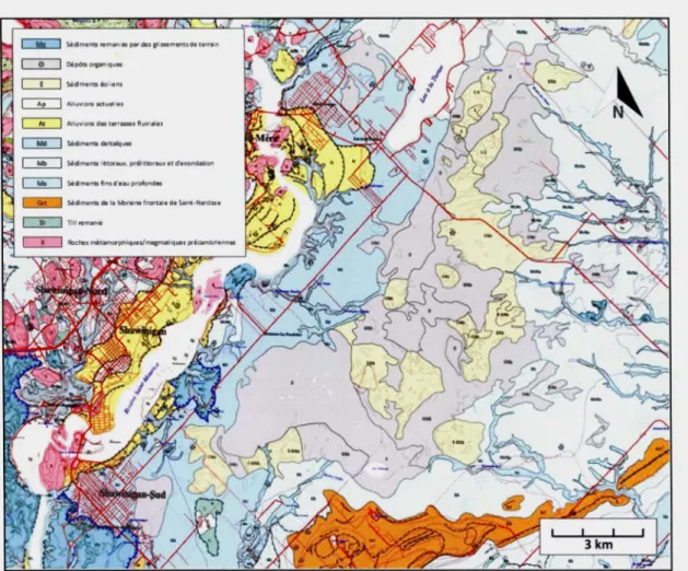 Figure  2.4  Géologie  des  formations  superficielles  de  la région  de  Shawinigan  (modifié  de  Bolduc,  1999)