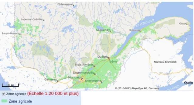 Figure 1.1 Répartition des zones agricoles protégées au Québec (tiré de CPTAQ, 2018b) 