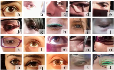 Figure 3.6: MICHE I iris noise factors examples: (a) out-of-focus iris image; (b- (b-g) examples of images affected by strong light/shadows; (h) eyelids and eyelashes occlusion; (i) hairs occlusion; (j) out-of-iris image; (k-m) off-angle iris image; (m-o) 