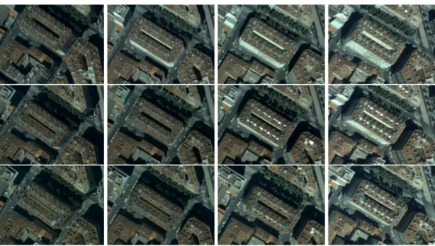 Figure 3 – Imagerie a´ erienne multivue : Bˆ atiment vu depuis 12 points de vue a´eriens diff´erents (Ces imagettes 1186x880 sont extraites d’images a´eriennes 13824x7680 pixels).