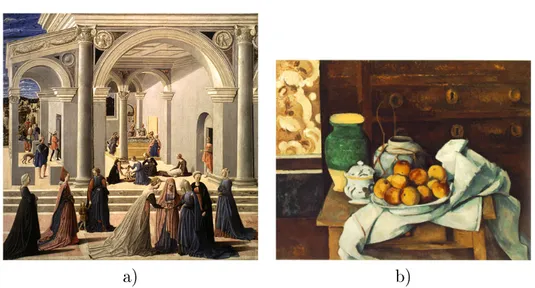 Fig. 2.2: Les artistes adaptent les lois de l'optique. a) sur ce détail de la nais- nais-sance de la Vierge de Fra Angelico (1467), les ombres qui commencent à faire leurs apparitions dans les tableaux de la pré-renaissance sont non uniformément  représen-