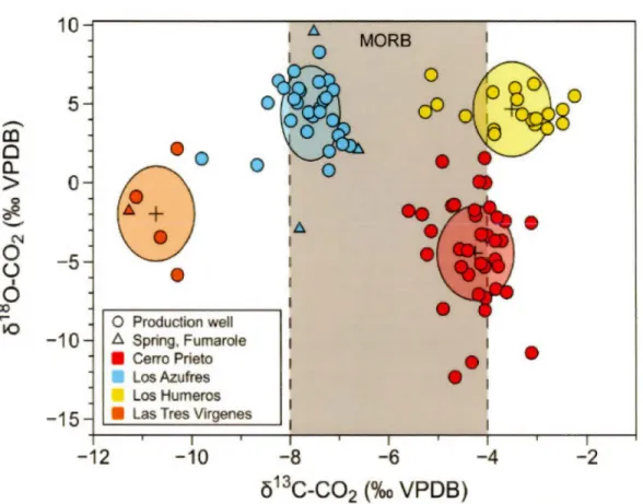 Figure  2.0. Graphical abstract.  Distinct isotopie  composition of carbon and oxygen in  C02 from production wells ,  hot  springs  and fumaroles of Mexican geothermal fields