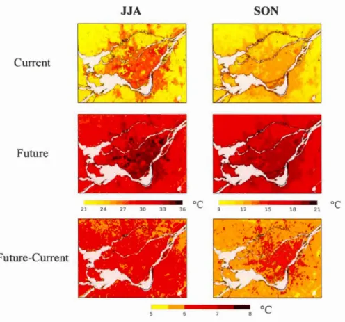 Figure  1  .  7.  Land  surface temperatures for the current  1981-201 0  (first  row)  and  future 