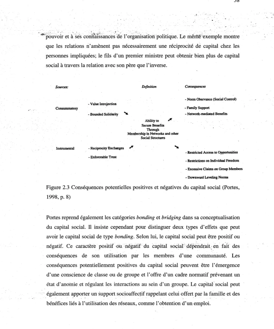 Figure 2.3  Conséquences potentielles positives et négatives  du capital  social  (Portes,  1998,  p