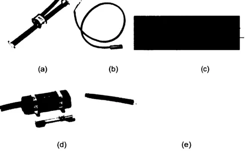 Figure 2-1  Type de jauges installées sur la barrière médiane  : (a) jauge à béton; (b)  thermocouple; (c) jauge électrique;  (d) capteur à corde vibrante; (e) capteur à fibre optique 