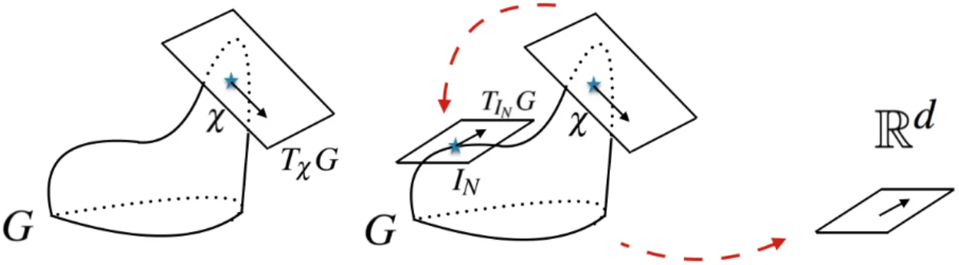 Figure 2.1: From [16]. G is a curved space. Left and right multiplications offer two ways to identify the tangent space T χ G at χ with the tangent space at Identity T I N G, called the Lie algebra g