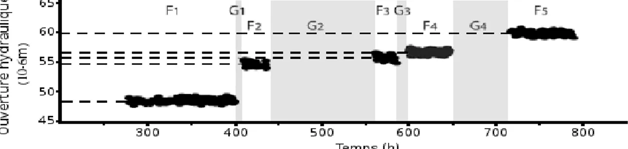 Figure I.43 : Évolution de l'ouverture de la fissure durant des cycles d'écoulement d'acide   d'après Andréani et al (2008).