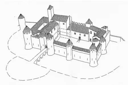 Figure 4 L’état hypothétique du château Comtal de Carcassonne au milieu du XIV e  :  reconstitution et représentation de [Guyonnet F., 2000]
