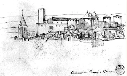 Figure 7 Dessin de vue générale sur le château comtal depuis le sud réalisée par Viollet-le-Duc