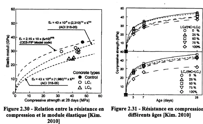 Figure 2.30 - Relation entre la résistance en  Figure 2.31 - Résistance en compression à  compression et le module élastique [Kim