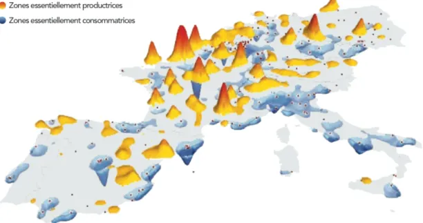 FIGURE 1.2: Spatial repartition of consumption and production Map of Western Europe with electricity production (orange) and  consump-tion sites (blue) [ RTE , 2016b ].