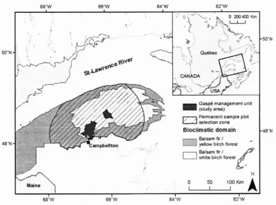 Figure  1.1.  Map  of the  Gaspé  Peninsula  and  study  area  (separated  into  two  bioclimatic  zones)