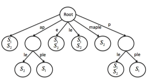 Figure 3.14: Suffix Tree superposition for the sequences S 1 = apple and S 2 =