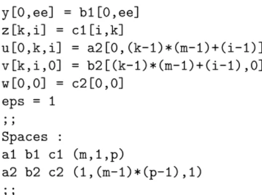 Table T1 : Line l11 : [a[1,2] - a[2,2];b[2,1] + b[2,2]; z[1,1]] Table T2 : Line l21 : [a[2,1] - a[1,1];b[1,2] + b[1,1]; z[2,2]] Table T3 : Line l31 : [ a[1,1];b[1,2] - b[2,2];z[2,1] + z[2,2]] Table T4 : Line l41 : [a[2,2];b[2,1] - b[1,1];z[1,2] + z[1,1]] T