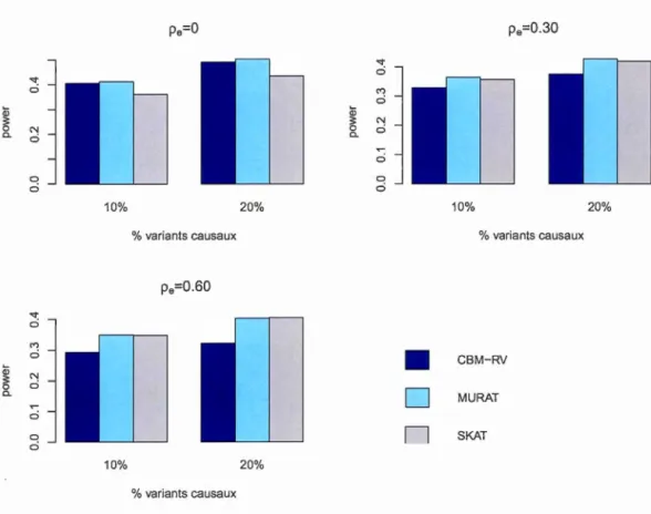 Figur e  4 .10:  Puiss a n ce  d es  tests  CBM -R V,  MURAT  et  SKAT  l o r s qu e  p  =  0.8 