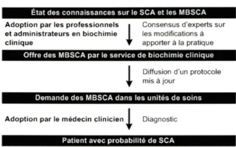 Figure 1.  Illustration de la dynamique de gestion des marqueurs biochimiques du  syndrome coronarien (MBSCA) 
