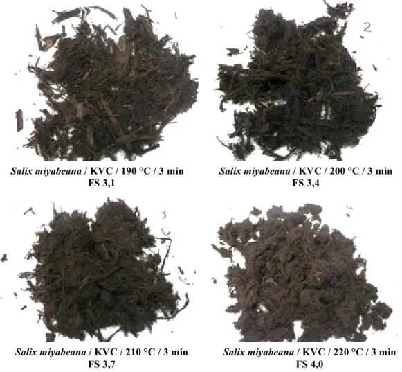 Figure	
  4.13	
  Lignocelluloses	
  de	
  Salix	
  miyabeana	
  produites	
  à	
  des	
  températures	
  de	
  vapocraquage	
  entre	
  190°C	
  et	
   220°C	
  pour	
  un	
  temps	
  de	
  cuisson	
  de	
  3	
  min	
  