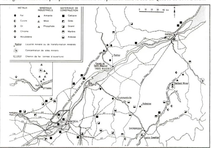 Figure 3 :  Principaux sites miniers du sud du Québec, 1840-1920  Source : Vallières, 1989, p.49  0  10  20  JÔ  40  km  {  ·,