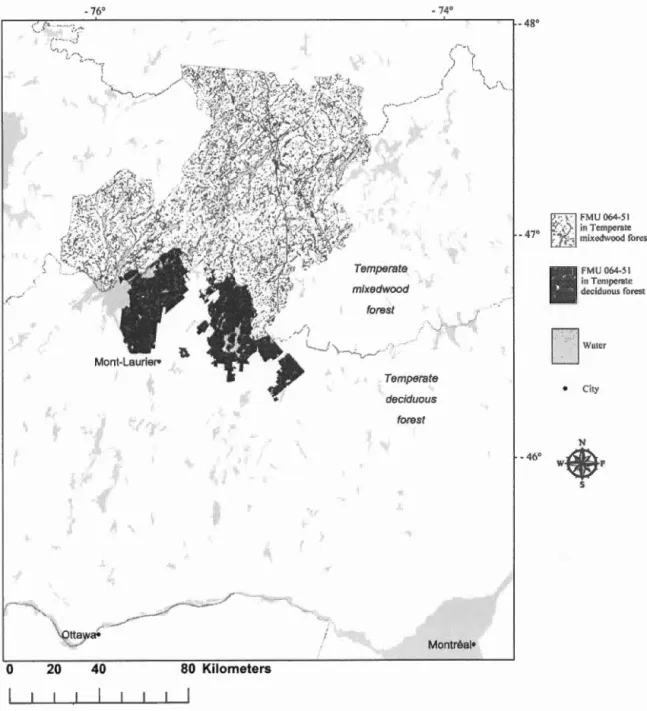 Figure  1.1  The  study  area  was  delineated  by  the  southem  portion  of  the  Forest  Management Unit 064-51  (black) ,  in the  temperate  deciduous  forest,  north  of Ottawa  and Montréal ,  in  Québec ,  Canada