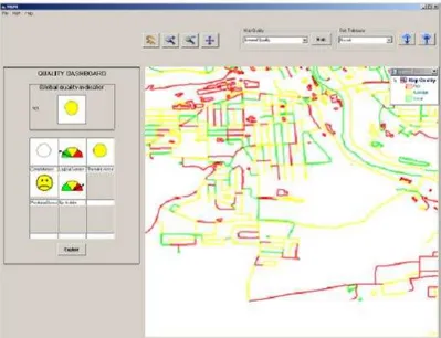 Fig 23. Interface cartographique du MUM avec tableau de bord et indicateurs à gauche  et représentation cartographique de la qualité à droite [Devillers R., 2004]