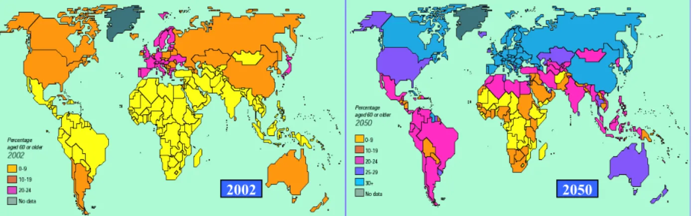 Figure II-1 : Pourcentage de la population âgée de 60 ans et plus : à gauche en 2002 et à droite en 2050