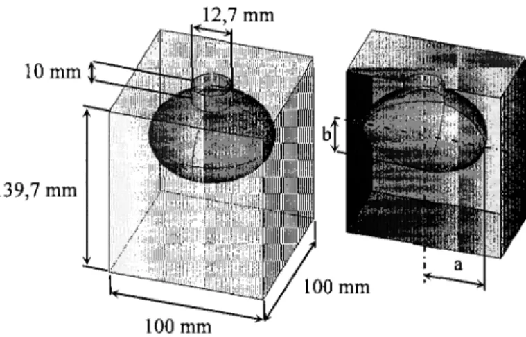 Figure 5.3 Dimensions d'un cube avec un evidement axb ou a et b represented les demi-axes  de 1'evidement ellipsoidal